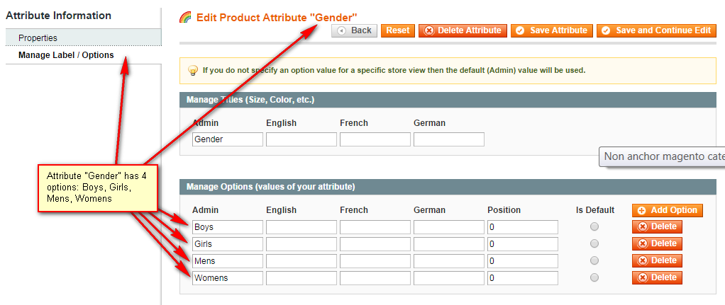 Magento attribute options window