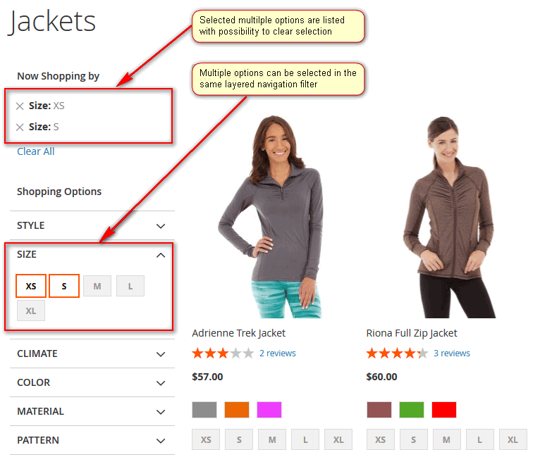 Multiple options can be selected in the same layered navigation filter