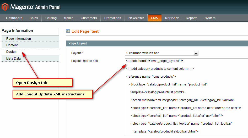 CMS Page Layout Update XML