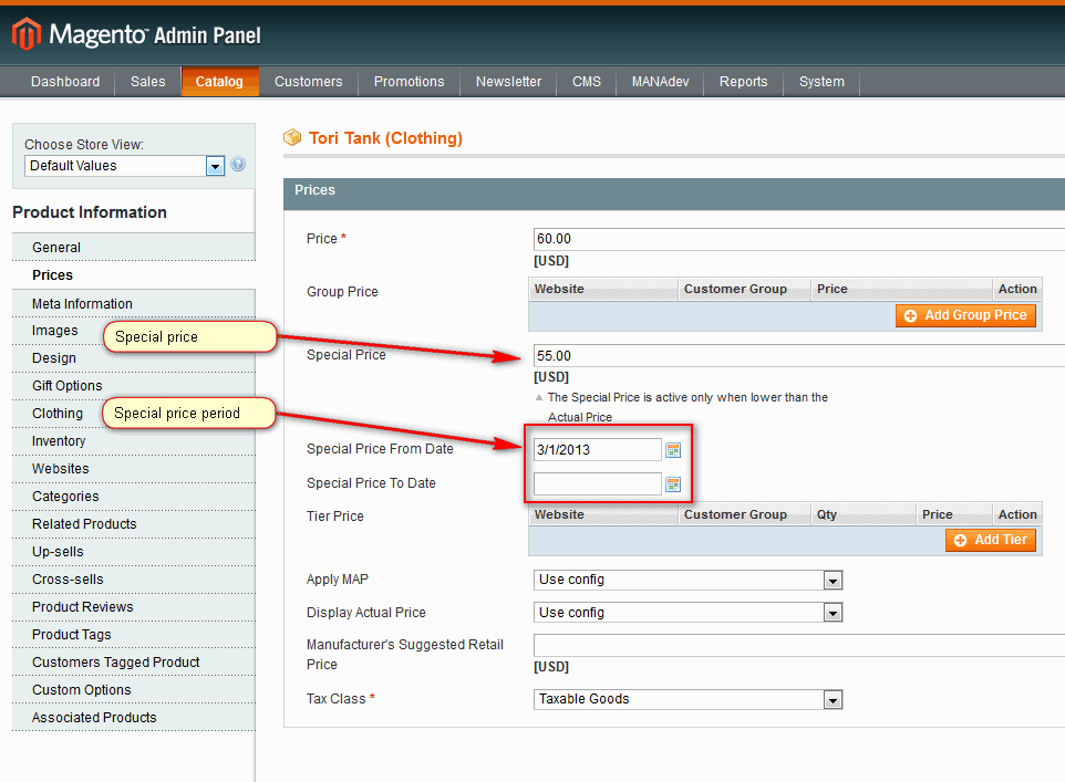 Product Special Price Settings